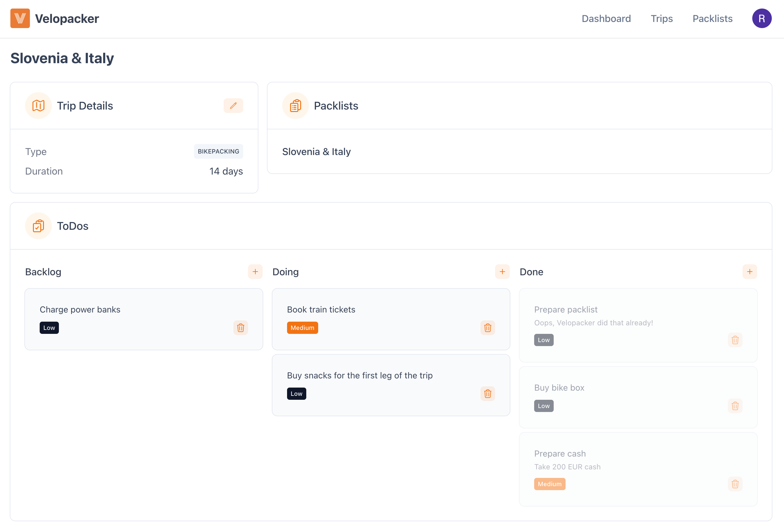 Trip planning interface with todos and details
